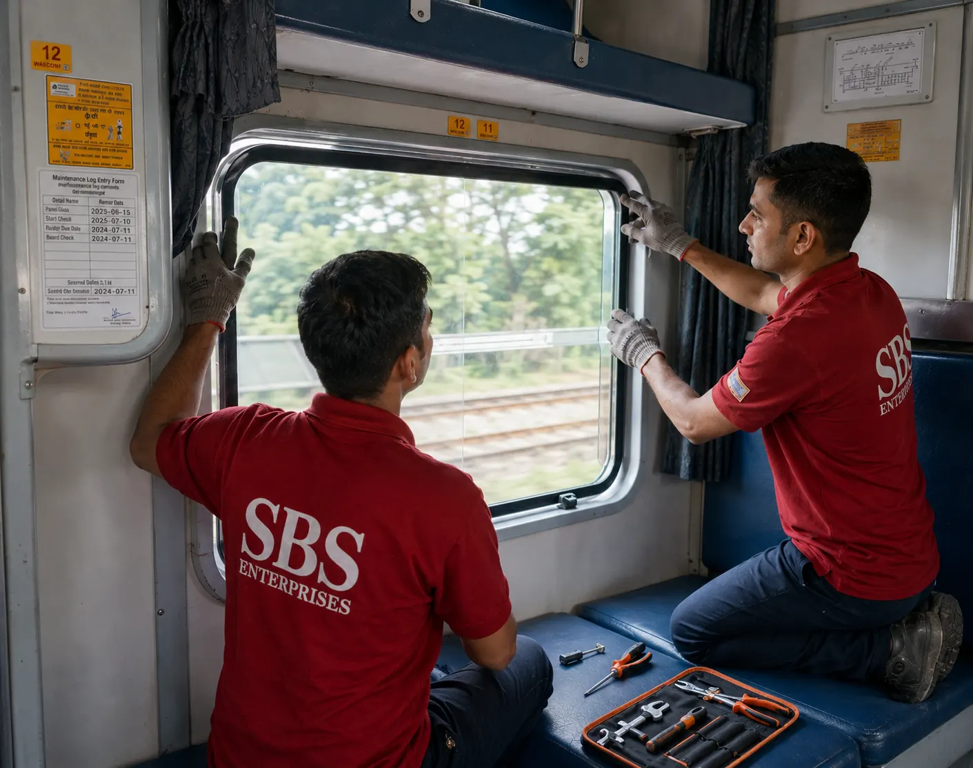 SBS team working on window glass fitting in railway coach